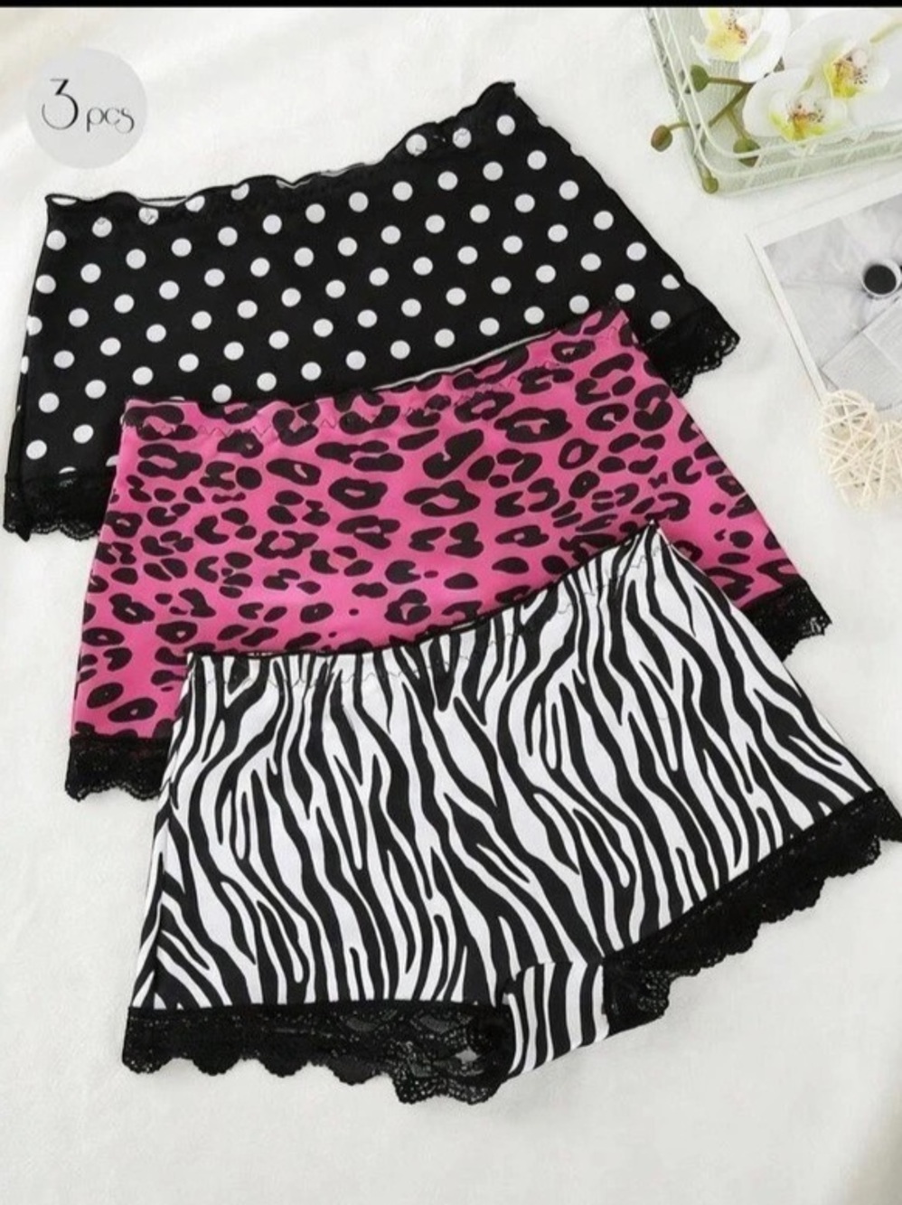 3-Piece Lace Trim Panty Set in Black & Pink
